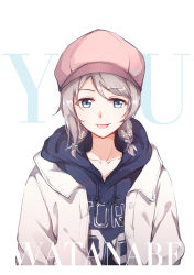 Rule 34 | 1girl, :p, alternate hairstyle, blue eyes, blue hoodie, braid, cabbie hat, character name, clothes writing, earrings, gemi 25, grey hair, grey jacket, hat, highres, hood, hood down, hoodie, jacket, jewelry, love live!, love live! sunshine!!, pink hat, short braid, solo, star (symbol), star earrings, tongue, tongue out, twin braids, upper body, watanabe you, white background