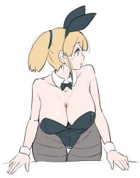 Rule 34 | 1girl, alternate costume, animal ears, black bow, black bowtie, black leotard, blonde hair, blue eyes, bow, bowtie, cowboy shot, detached collar, intrepid (kancolle), kantai collection, leotard, looking to the side, pantyhose, playboy bunny, ponytail, rabbit ears, short hair, simple background, solo, strapless, strapless leotard, tamu (mad works), thighband pantyhose, white background, wrist cuffs