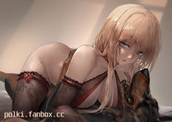 Rule 34 | 1girl, all fours, ass, azur lane, bare shoulders, bestiality, bismarck (azur lane), blonde hair, blue eyes, breasts, cleavage, commission, dog, elbow gloves, gloves, highres, large breasts, long hair, looking to the side, open mouth, polki, sex, thighhighs, watermark, web address