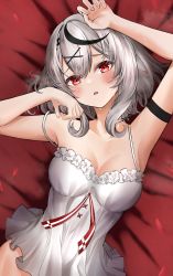 Rule 34 | 1girl, :o, absurdres, ahoge, arm strap, armpits, arms up, bare shoulders, bed sheet, black hair, blush, braid, breasts, camisole, cleavage, collarbone, frills, from above, head tilt, highres, hololive, lds (dstwins97), looking at viewer, looking up, lying, medium breasts, multicolored hair, on back, on bed, parted lips, red eyes, red ribbon, ribbon, sakamata chloe, sakamata chloe (1st costume), short hair, silver hair, solo, steaming body, strap slip, sweat, two-tone hair, upper body, virtual youtuber