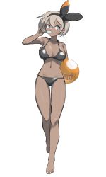 Rule 34 | 1girl, absurdres, alternate breast size, alternate costume, ball, barefoot, bea (pokemon), bikini, black hairband, blue eyes, bow hairband, breasts, collarbone, commentary request, creatures (company), dark-skinned female, dark skin, eating, food, full body, game freak, grey hair, hairband, hand up, highres, holding, holding ball, knees, large breasts, looking to the side, navel, nintendo, pokemon, pokemon swsh, popsicle, short hair, simple background, solo, standing, swimsuit, thigh gap, toes, tsuneshima, white background