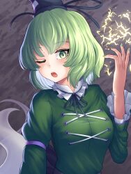 Rule 34 | 1girl, ;o, black background, black hat, breasts, commentary, cross-laced clothes, ghost tail, green hair, green nails, hat, highres, juliet sleeves, lightning, long sleeves, looking at viewer, medium breasts, one eye closed, open mouth, puffy sleeves, pygrenix, short hair, soga no tojiko, solo, tate eboshi, teeth, touhou, upper body, upper teeth only