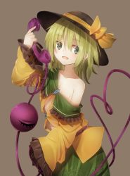 Rule 34 | 1girl, bow, collarbone, flat chest, floral print, green eyes, green hair, hat, hat bow, heart, heart of string, highres, komeiji koishi, long sleeves, matching hair/eyes, minamina, off shoulder, open clothes, open mouth, open shirt, phone, shirt, simple background, skirt, solo, third eye, touhou, wide sleeves