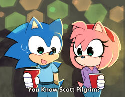 Rule 34 | 1boy, 1girl, absurdres, amy rose, animal ears, animal nose, blue fur, closed mouth, cosplay, cup, fake subtitles, furry, furry female, furry male, gloves, green eyes, hairband, hedgehog, hedgehog ears, hedgehog tail, highres, holding, holding cup, mimiipyon, open mouth, pink fur, ramona flowers, ramona flowers (cosplay), red hairband, scene reference, scott pilgrim, scott pilgrim (cosplay), scott pilgrim (series), scott pilgrim takes off, sonic (series), sonic the hedgehog, white gloves