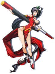 Rule 34 | 1girl, :o, absurdly long hair, bare legs, bare shoulders, black-framed eyewear, black hair, blazblue, blazblue: central fiction, boots, breasts, china dress, chinese clothes, cleavage, dress, full body, glasses, hair ornament, high heel boots, high heels, highres, holding, holding weapon, katou yuuki, lao jiu, large breasts, litchi faye ling, long hair, long sleeves, looking at viewer, low-tied long hair, official art, open mouth, panda, pink eyes, red dress, semi-rimless eyewear, shadow, shoes, side ponytail, side slit, solo, staff, standing, very long hair, weapon, white background, yin yang