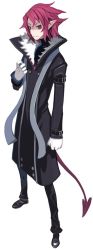 Rule 34 | 1boy, coat, disgaea, disgaea d2, expressionless, full body, gloves, harada takehito, male focus, messy hair, official art, pants, pointy ears, red eyes, red hair, shirt, shoes, solo, standing, tail, white background, white gloves, xenolith