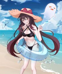 Rule 34 | 1girl, beach, bikini, black bikini, bow, breasts, brown eyes, cleavage, cloud, genshin impact, ghost, hat, hat bow, highres, hu tao (genshin impact), hyafumi, innertube, leaning forward, long hair, ocean, parted hair, red bow, sky, small breasts, smile, solo, straw hat, swim ring, swimsuit, symbol-shaped pupils, tongue, tongue out, very long hair