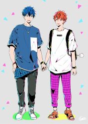 Rule 34 | 2boys, 961 masashi, arm at side, backpack, bag, blue eyes, blue shirt, bracelet, brown eyes, full body, given, grey pants, hair ornament, hairclip, hands on own hips, holding hands, jewelry, male focus, multiple boys, necklace, open mouth, pants, pink pants, sandals, satou mafuyu, shirt, shoes, sneakers, uenoyama ritsuka, watch, white footwear, white shirt, wristwatch, yaoi