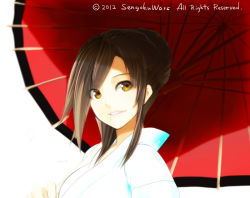 Rule 34 | 1girl, brown hair, character request, hair bun, holding, holding umbrella, japanese clothes, kimono, lips, long hair, looking to the side, oil-paper umbrella, parted lips, poaro, sengoku wars, sidelocks, simple background, single hair bun, solo, umbrella, upper body, white background, yellow eyes