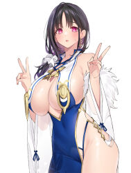 Rule 34 | 1girl, azur lane, bare shoulders, black hair, blue dress, blush, breasts, cleavage, cleavage cutout, clothing cutout, detached sleeves, double v, dress, earrings, fur trim, hair over shoulder, jewelry, large breasts, long hair, looking at viewer, mole, mole on crotch, mole under eye, open mouth, pink eyes, popqn, see-through, side slit, sideboob, solo, sweatdrop, thighs, ting an (azur lane), v, white background, wide sleeves
