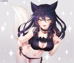 Rule 34 | 1girl, :3, ahri (league of legends), animal ears, bad id, bad pixiv id, bell, neck bell, black bra, black hair, black panties, bra, breasts, cat cutout, cat ear panties, cat lingerie, choker, cleavage, cleavage cutout, clothing cutout, facial mark, fangs, fox ears, fox tail, hanato (seonoaiko), jingle bell, large breasts, league of legends, meme attire, navel, open mouth, panties, paw pose, side-tie panties, solo, stomach, tail, underwear, underwear only, whisker markings, yellow eyes