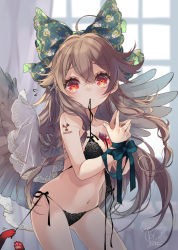 Rule 34 | 1girl, ahoge, alternate hairstyle, bare shoulders, between breasts, black bra, black panties, black wings, blush, bound, bound wrists, bow, bra, braid, breasts, brown hair, cape, commentary request, cowboy shot, curtains, feathers, fingers together, floral print, green bow, hair between eyes, hair bow, highres, indoors, kaenbyou rin, kaenbyou rin (cat), long hair, looking at viewer, medium breasts, mouth hold, navel, open bra, panties, radiation symbol, red eyes, reiuji utsuho, ribbon, ribbon bondage, side-tie panties, signature, solo, third eye, touhou, toutenkou, underwear, underwear only, open bra, white cape, window, wings