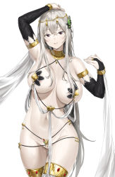 Rule 34 | 1girl, absurdres, alternate costume, areola slip, bare shoulders, blush, breasts, butterfly hair ornament, circlet, cleavage, colored eyelashes, commission, dancer, echidna (re:zero), hair between eyes, hair ornament, highres, jewelry, large breasts, long hair, looking at viewer, navel, pixel (yuxian), pixiv commission, purple eyes, re:zero kara hajimeru isekai seikatsu, silver hair, smile, solo, standing, very long hair