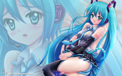 Rule 34 | 1girl, :o, aqua eyes, aqua hair, blush, detached sleeves, hatsune miku, headset, highres, long hair, necktie, obiwan, panties, skirt, solo, striped clothes, striped panties, thighhighs, twintails, underwear, very long hair, vocaloid, zoom layer