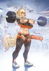 Rule 34 | 1futa, animal ear fluff, animal ears, animal penis, arknights, barbell, black thighhighs, blonde hair, commentary, crop top, crossed arms, english commentary, erection, exercising, full body, futanari, highres, horse ears, horse girl, horse penis, horse tail, long hair, navel, nearl (arknights), penis, ponytail, shoes, short sleeves, sidelocks, sneakers, solo, standing, steaming body, sulcate, sweat, tail, testicles, thighhighs, uncensored, watch, weightlifting, white footwear, wristwatch, yellow eyes