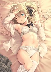 Rule 34 | 1girl, amerika juu pan, aqua eyes, arm up, armpits, bare shoulders, bed sheet, bow, bowtie, bra, breasts, brown hair, frilled bra, frilled panties, frills, hair ribbon, hand up, highres, long sleeves, looking at viewer, lying, medium hair, navel, on back, one eye closed, one side up, open clothes, open shirt, original, panties, parted lips, pillow, plaid, plaid skirt, pleated skirt, ribbon, shirt, skirt, unworn skirt, small breasts, solo, stomach, thighhighs, underwear, white bra, white shirt, white thighhighs