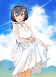 Rule 34 | 1girl, alternate costume, black hair, blue sky, braid, breasts, cloud, commentary request, contrail, cowboy shot, dress, dress shirt, hair flaps, hair intakes, hair ornament, hairclip, highres, jingei (kancolle), kantai collection, kirisawa juuzou, large breasts, long hair, looking at viewer, low ponytail, red eyes, shirt, single braid, sky, solo, white dress
