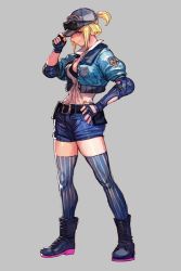 Rule 34 | 1girl, baseball cap, black footwear, blonde hair, blue gloves, blue jacket, blue shorts, blue thighhighs, boots, breasts, capcom, cleavage, elbow gloves, eyewear on headwear, final fight, final fight 3, fingerless gloves, full moon, gloves, grey background, hand on own hip, hat, hungry clicker, jacket, large breasts, looking at viewer, lucia morgan, moon, ponytail, shorts, simple background, smile, solo, street fighter, street fighter v, striped clothes, striped thighhighs, sunglasses, thighhighs
