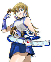 Rule 34 | 1girl, 203wolves, bare shoulders, blonde hair, blue skirt, breasts, buttons, card, commentary request, duel academy uniform (yu-gi-oh! gx), duel disk, fingerless gloves, fingernails, gloves, highres, holding, long hair, looking at viewer, medium breasts, miniskirt, open mouth, shiny skin, signature, simple background, skirt, sleeveless, smile, tenjouin asuka, uniform, white background, yu-gi-oh!, yu-gi-oh! gx