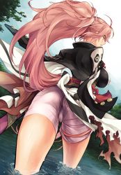 Rule 34 | 1girl, ass, baiken, breasts, day, from behind, guilty gear, highres, jako (toyprn), japanese clothes, kimono, long hair, partially submerged, pink hair, sarashi, scar, scar across eye, scar on face, sky, sword, thighs, tree, water, weapon
