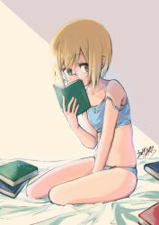 Rule 34 | 1girl, absurdres, bed, blonde hair, blue bra, blue eyes, blue panties, blush, bra, collarbone, emirio (emirio110), glasses, highres, looking at viewer, panties, short hair, solo, strike witches, strike witches: suomus misfits squadron, underwear, ursula hartmann, world witches series