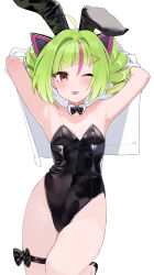 1girl ;3 ;p absurdres ahoge alternate_costume animal_ears armpits arms_up bare_shoulders black_bow black_bowtie black_footwear black_leotard blunt_bangs bow bowtie delutaya detached_collar diagonal_bangs drill_hair fake_animal_ears flat_chest green_hair hair_ornament highleg highleg_leotard highres hoshi_usagi indie_virtual_youtuber leotard long_hair looking_at_viewer multicolored_hair one_eye_closed pink_hair playboy_bunny rabbit_ears red_eyes short_hair simple_background solo strapless strapless_leotard streaked_hair thigh_strap tongue tongue_out traditional_bowtie triangle_hair_ornament twin_drills utaite virtual_youtuber white_background