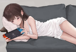 Rule 34 | 1girl, akipeko, bare shoulders, brown hair, closed mouth, commentary request, couch, dress, expressionless, grey background, handheld game console, long hair, lying, nintendo switch, on couch, on side, original, panties, pantyshot, pillow, playing games, red eyes, simple background, sleeveless, sleeveless dress, solo, thighs, underwear, white dress