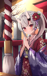 Rule 34 | 1girl, blush, collarbone, flower, fumi (fumibeing), grey hair, hair flower, hair ornament, hatsumoude, highres, hololive, horns, japanese clothes, kimono, looking at viewer, multicolored hair, nakiri ayame, nakiri ayame (new year), new year, oni, outdoors, own hands together, red eyes, red hair, red kimono, shrine, side ponytail, skin-covered horns, smile, solo, streaked hair, virtual youtuber