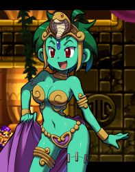 Rule 34 | 1girl, angry, armlet, bikini, bracelet, breasts, choker, cleavage, clothes lift, colored skin, dancer, earrings, forehead jewel, gold bikini, green hair, green skin, harem outfit, headdress, heart, jewelry, large breasts, navel, official art, pelvic curtain, pelvic curtain lift, plant, red eyes, rottytops, shantae (series), shantae and the pirate&#039;s curse, short hair, standing, stitches, swimsuit, thighlet, undead, vines, wall, zombie