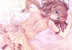 Rule 34 | 1girl, absurdres, alternate costume, armpits, bare shoulders, bed sheet, blue eyes, blush, breasts, brown hair, carnelian, dress, highres, jewelry, kantai collection, long hair, looking at viewer, lying, medium breasts, necklace, on back, parted lips, pearl necklace, pink dress, saratoga (kancolle), scan, simple background, solo