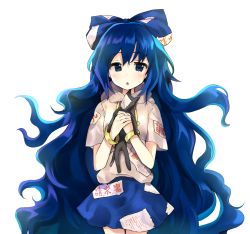 Rule 34 | 1girl, bad id, bad pixiv id, blue eyes, blue hair, blush, cheunes, doll, hair ribbon, highres, holding, holding doll, long hair, looking at viewer, open mouth, ribbon, simple background, solo, talismans, tears, touhou, very long hair, white background, yorigami shion
