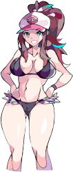 Rule 34 | 1girl, absurdres, alternate breast size, bare shoulders, baseball cap, big hair, bikini, black bikini, breasts, brown hair, cleavage, collarbone, creatures (company), enpe, game freak, gluteal fold, green eyes, hands on own hips, hat, highres, hilda (pokemon), large breasts, long hair, looking at viewer, navel, nintendo, parted lips, pokemon, pokemon bw, ponytail, sidelocks, smile, solo, swimsuit, teeth, thick thighs, thighs, very long hair, white background, wristband