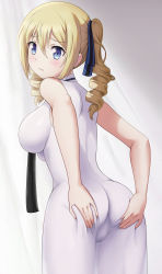 Rule 34 | 1girl, absurdres, angelina kudou shields, ass, black necktie, blonde hair, blue eyes, blue ribbon, blush, breasts, cameltoe, closed mouth, dress, drill hair, first high school uniform, from behind, hair between eyes, hand on own ass, highres, impossible clothes, impossible dress, large breasts, looking at viewer, looking back, mahouka koukou no rettousei, medium hair, nanikairu, necktie, ribbon, school uniform, sidelocks, skin tight, sleeveless, solo, standing, twin drills, twintails
