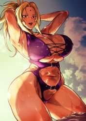 Rule 34 | 1girl, :d, absurdres, armpits, arms behind head, arms up, backlighting, bare shoulders, blonde hair, breasts, bursting breasts, censored, cleavage, cloud, collarbone, covered erect nipples, dutch angle, facial mark, female focus, forehead mark, high ponytail, highres, huge breasts, kyuugata, looking at viewer, muscular legs, naruto, naruto (series), naruto shippuuden, navel, one-piece swimsuit, open mouth, outdoors, plump, ponytail, purple one-piece swimsuit, pussy, pussy peek, red eyes, sky, smile, solo, standing, sunset, swimsuit, thick thighs, thighs, tsunade (naruto), v-shaped eyebrows, wading, water, wet