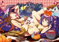 Rule 34 | 2girls, bikini, boots, breasts, brown hair, bug, butterfly, candy, cat, flat chest, food, food-themed clothes, halloween, happy halloween, hat, hip focus, insect, jack-o&#039;-lantern, large breasts, legs, lips, lollipop, long hair, lying, multiple girls, on side, original, panties, pinky out, print bikini, pumpkin, purple eyes, purple hair, side-tie bikini bottom, star (symbol), striped bikini, striped clothes, striped legwear, striped panties, striped thighhighs, swimsuit, thighhighs, twintails, underwear, utu (wakon), vertical-striped clothes, vertical-striped legwear, vertical-striped thighhighs, witch hat