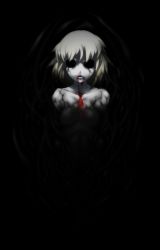 Rule 34 | 1girl, bad id, bad pixiv id, bare shoulders, black eyes, black sclera, blonde hair, blood, blood on face, collarbone, colored sclera, creepy, darkness, dripping, ex-rumia, highres, horror (theme), looking at viewer, mazeran, open mouth, rumia, solo, touhou