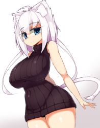 Rule 34 | 1girl, ahoge, animal ears, bare shoulders, belly, blue eyes, blush, breasts, cat ears, cat girl, cat tail, covered navel, curvy, dress, covered erect nipples, felt whitesnow, female focus, highres, impossible clothes, impossible sweater, large breasts, looking at viewer, original, plump, purple hair, ribbed sweater, sawati, shirt, short dress, short hair with long locks, silver hair, sleeveless, sleeveless dress, solo, sweater, sweater dress, tail, thighs, turtleneck, wide hips