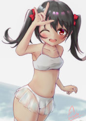 Rule 34 | 1girl, ;), absurdres, artist name, artist request, bare shoulders, beach, bikini, bikini skirt, black hair, blue sky, blush, bow, breasts, cloud, collarbone, day, female focus, flat chest, hair between eyes, hair bow, heart, highres, long hair, looking at viewer, love live!, love live! school idol project, m/, nico nico nii, ocean, one eye closed, outdoors, parted lips, red bow, red eyes, short hair, short twintails, sky, small breasts, smile, solo, swimsuit, thighhighs, twintails, white bikini, wink, yazawa nico