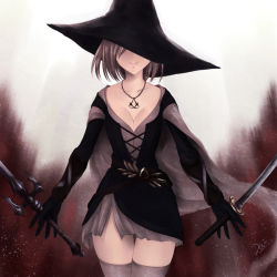 Rule 34 | 1girl, breasts, brown hair, cleavage, demon&#039;s souls, dress, female focus, from software, gradient background, hat, jewelry, katana, necklace, original, screencap, short hair, solo, sword, thighhighs, weapon, witch hat, xi daisei