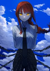 Rule 34 | 1girl, arms behind back, black necktie, black pants, braid, chain, chainsaw man, cloud, collared shirt, commentary, cowboy shot, highres, light smile, looking at viewer, makima (chainsaw man), myuga66666, necktie, pants, parted lips, red hair, ringed eyes, shirt, shirt tucked in, sidelocks, signature, single braid, solo, straight-on, white shirt, wind, yellow eyes