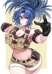 Rule 34 | 1girl, absurdres, alternate costume, bandolier, biceps, big hair, black gloves, black sports bra, blue eyes, blue hair, breasts, camouflage, camouflage shorts, carcass (artist), cleavage, earrings, gloves, highres, jewelry, leona heidern, load bearing vest, looking at viewer, midriff, military operator, navel, ponytail, pouch, serious, shorts, simple background, solo, sports bra, the king of fighters, thick thighs, thighs, triangle earrings, vest, weapon