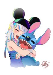Rule 34 | 1girl, absurdres, crossover, disney, gawr gura, hair ornament, hat, highres, hololive, hololive english, hug, lilo &amp; stitch, non-web source, radical highway, simple background, stitch (lilo &amp; stitch), virtual youtuber, watermark, white background, white hair