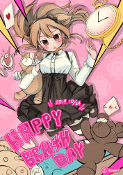 Rule 34 | 1girl, absurdres, bandages, black bow, black bowtie, black footwear, black pantyhose, black ribbon, black skirt, blush, boko (girls und panzer), bow, bowtie, brown eyes, card, casual, collared shirt, commentary, cup, dated, english text, eyepatch, floating, girls und panzer, hair ribbon, happy birthday, head tilt, high-waist skirt, highres, holding, holding stuffed toy, itsumip, layered skirt, leg up, light brown hair, long hair, long sleeves, mary janes, medium skirt, one side up, open mouth, pantyhose, pink background, playing card, pocket watch, ribbon, saucer, shimada arisu, shirt, shoes, skirt, solo, spilling, striped clothes, striped pantyhose, stuffed animal, stuffed toy, suspender skirt, suspenders, teacup, teddy bear, twitter username, watch, white shirt