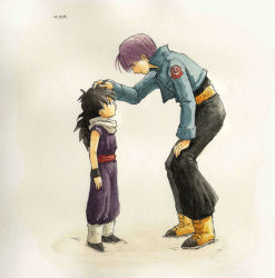 Rule 34 | 2boys, adzombie, age difference, belt, black eyes, black hair, black shirt, boots, child, dougi, dragon ball, dragonball z, expressionless, eye contact, hand on another&#039;s head, headpat, jacket, long hair, looking at another, looking down, looking up, male focus, martial arts belt, multiple boys, purple hair, sad, shirt, short hair, simple background, size difference, smile, son gohan, trunks (dragon ball), trunks (future) (dragon ball), white background, wristband