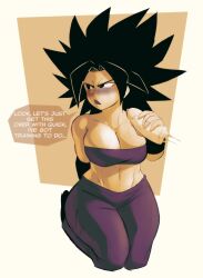 Rule 34 | absurdres, breasts, caulifla, coffeecabbit, dragon ball, embarrassed, handjob, highres, large breasts, looking to the side, muscular, muscular female, saiyan, strapless, tube top