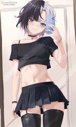 Rule 34 | 1girl, armband, artist name, bare arms, black armband, black choker, black hair, black panties, black shirt, black skirt, black thighhighs, blue eyes, bra strap, cellphone, choker, commentary, cowboy shot, crop top, cross, cross earrings, earrings, english commentary, heterochromia, highres, idol corp, indoors, jewelry, light smile, midriff, miniskirt, mirror, multicolored hair, panties, pantyshot, pendant choker, phone, purple armband, red eyes, rin penrose, shirt, short hair, short sleeves, skirt, solo, sunset skyline, taking picture, thighhighs, two-tone hair, underwear, virtual youtuber, white hair, yellow armband