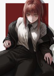 Rule 34 | 1girl, absurdres, black necktie, black pants, braid, braided ponytail, breasts, chainsaw man, collared shirt, formal, gold can, highres, long coat, long hair, long sleeves, looking at viewer, makima (chainsaw man), medium breasts, necktie, pants, red hair, ringed eyes, shirt, simple background, smile, solo, suit, white shirt, yellow eyes