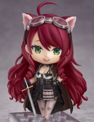 Rule 34 | 1girl, absurdres, ahoge, animal ears, black gloves, character request, chibi, commission, earrings, faux figurine, gloves, green eyes, hand on hilt, highres, indie virtual youtuber, jewelry, long hair, looking at viewer, nendoroid, open mouth, red hair, ringlets, second-party source, shiori2525, smile, solo, sword, sword earrings, teeth, upper teeth only, virtual youtuber, weapon