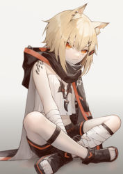 Rule 34 | absurdres, animal ear fluff, animal ears, arknights, bandaged leg, bandages, bare shoulders, black cape, black footwear, black gloves, black shorts, blush, cape, closed eyes, ear piercing, fingerless gloves, fox ears, gloves, gradient background, grey background, highres, hood, hood down, hooded cape, indian style, jewelry, leg strap, looking back, material growth, miike (992058), necklace, notched ear, orange eyes, oripathy lesion (arknights), piercing, shirt, short hair, shorts, sitting, solo, toeless footwear, vermeil (arknights), white shirt
