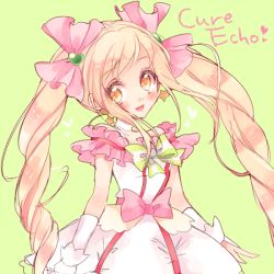 Rule 34 | 1girl, blonde hair, bow, character name, choker, cure echo, earrings, frills, green background, hair ornament, hair ribbon, heart, heart hair ornament, jewelry, long hair, looking at viewer, magical girl, pink bow, pink ribbon, precure, precure all stars new stage: mirai no tomodachi, ribbon, sakagami ayumi, skirt, smile, solo, star (symbol), star earrings, striped, striped bow, twintails, upper body, uzuki aki, waist bow, white choker, white skirt, wrist cuffs, yellow eyes